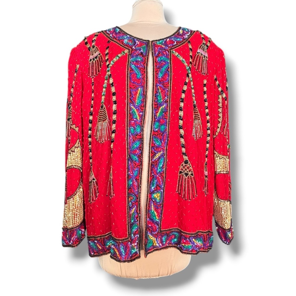 Laurence Kazar Red Silk Beaded Tassel Sequin Jacket Vintage Evening Cardigan New